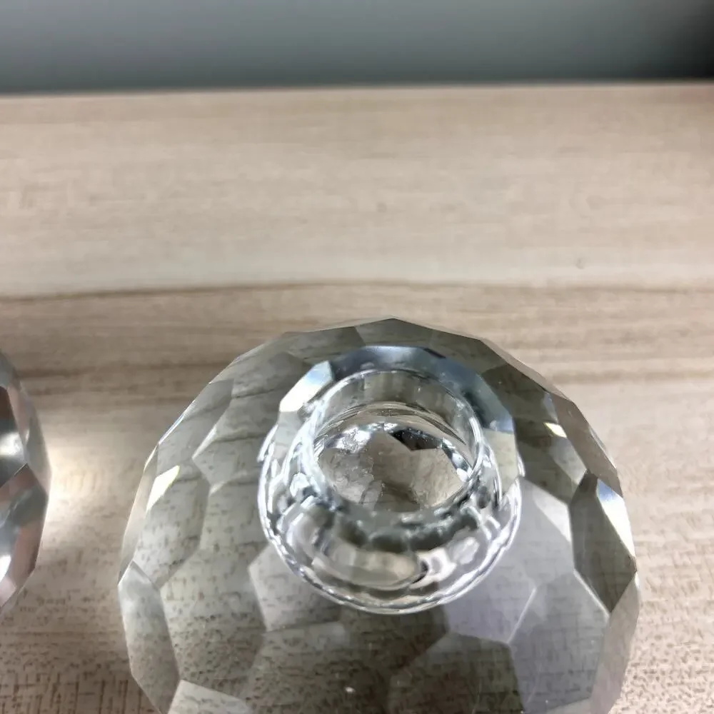 Vintage Faceted Spherical Glass Candlestick Holder Honeycomb Set of 2
